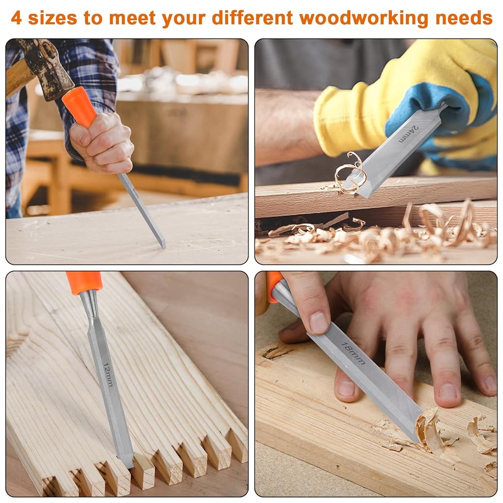 Serplex® 4PCS Woodwork Chisel Set Mortise Chisels Tools for Woodworking with Steel Hammer End Anti-slip Handle 6mm 12mm 18mm 24mm Serplex® 4PCS Woodwork Chisel Set Mortise Chisels Tools for Woodworking with Steel Hammer End Anti-slip Handle 6mm 12mm 18mm 24mm